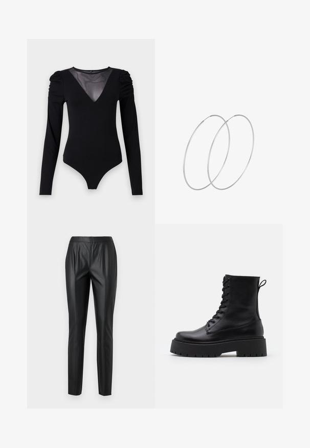 Črno bodi s dolgimi rokavi, z mrežastim V-izrezom in nabranimi rameni. Gladek material z oblikovanim krojem.; Črne usnjene hlače iz umetnega usnja s slim fit krojem, z visokim pasom, sprednjimi gubami in gladko teksturo. Brez vidne opreme ali vzorcev.; Črne usnjene gležnjarje z okroglo konico, vezalnim sprednjim delom in debelim gumijastim podplatom z teksturiranim profilom. Zanka na hrbtni strani.; Srebrne uhane v obliki obroča z minimalističnim dizajnom. Krožna oblika, gladka tekstura in tanek profil. Lahki s poliranim zaključkom.