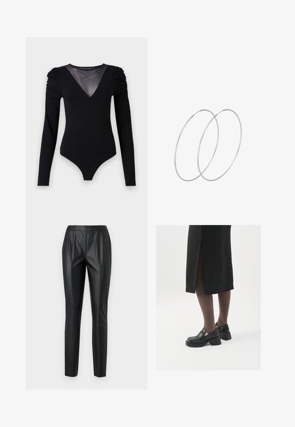 Crni bodysuit dugih rukava s mrežastim V-izrezom i naborima na ramenima. Glatka tkanina s prilagođenim oblikom.; Crne hlače od umjetne kože s uskim krojem, koje imaju visok struk, prednje nabore i glatku teksturu. Nema vidljivih dijelova ili uzoraka.; Crne kožne cipele s zaobljenim vrhom, debelim blok petama i elastičnim bočnim detaljima, uparene s tamnim čarapama i crnom suknjom s prorezom.; Srebrne okrugle naušnice s minimalističkim dizajnom. Kružni oblik, glatka tekstura i tanak profil. Lagane s poliranim završetkom.