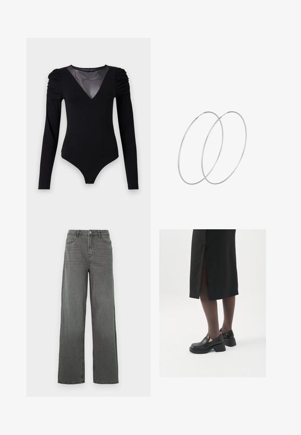 Svart bodysuit med långa ärmar, med en mesh V-ringning och skräddarsydd axeldetalj. Slät tyg med en kroppsnära passform.; Grå jeans i vid benmodell med hög midja, fem fickor och knappstängning. Har en subtil textur och rena avslut vid fållen.; Svarta läderskor med rund tå, tjock klack utan häl och elastiska sidodetaljer, kombinerat med mörka strumpbyxor och en svart kjol med slits.; Silverfärgade hoopörhängen med en minimalistisk design. Cirkulär form, slät yta och tunn profil. Lätta med en polerad finish.