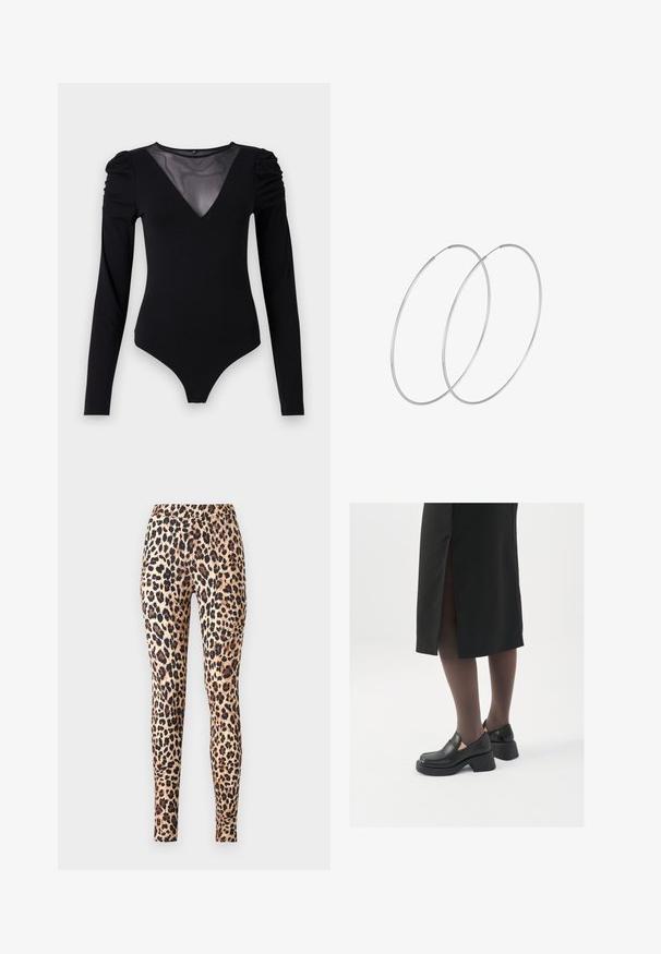 Bodysuit noir à manches longues, avec un décolleté en V en maille et des détails froncés aux épaules. Tissu lisse avec une silhouette ajustée.; ONLY ONLKIM - Legging (type pantalon) - cuban sand; Chaussures noires en cuir avec un bout arrondi, un épais talon bloc et des accents latéraux élastiques, associées à des bas foncés et une jupe noire avec une fente.; Boucles d'oreilles en argent au design minimaliste. Forme circulaire, texture lisse et profil fin. Légères avec une finition polie.