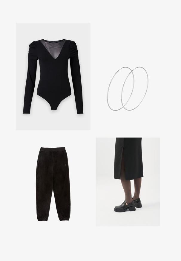 Zwarte bodysuit met lange mouwen, voorzien van een mesh V-halslijn en geplooide schouderdetails. Glad fabric met een aansluitende pasvorm.; Zwarte velvet broek met een elastische tailleband, taps toelopende pijpen en een klein logo-detail. Glad textuur en zachte stof voor comfort.; Zwarte leren schoenen met een ronde neus, dikke blokhak en elastische zijkanten, gecombineerd met donkere panty's en een zwarte rok met een split.; Zilveren hoepel oorbellen met een minimalistisch ontwerp. Cirkelvormig, gladde textuur en dun profiel. Lichtgewicht met een gepolijste afwerking.