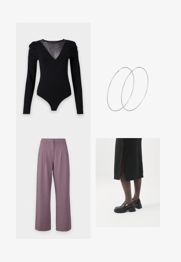 Zwarte bodysuit met lange mouwen, voorzien van een mesh V-halslijn en geplooide schouderdetails. Glad fabric met een aansluitende pasvorm.; MSCH Copenhagen MIRABELLE MICHELLE PLEAT PANTS - Broek - black plum; Zwarte leren schoenen met een ronde neus, dikke blokhak en elastische zijkanten, gecombineerd met donkere panty's en een zwarte rok met een split.; Zilveren hoepel oorbellen met een minimalistisch ontwerp. Cirkelvormig, gladde textuur en dun profiel. Lichtgewicht met een gepolijste afwerking.