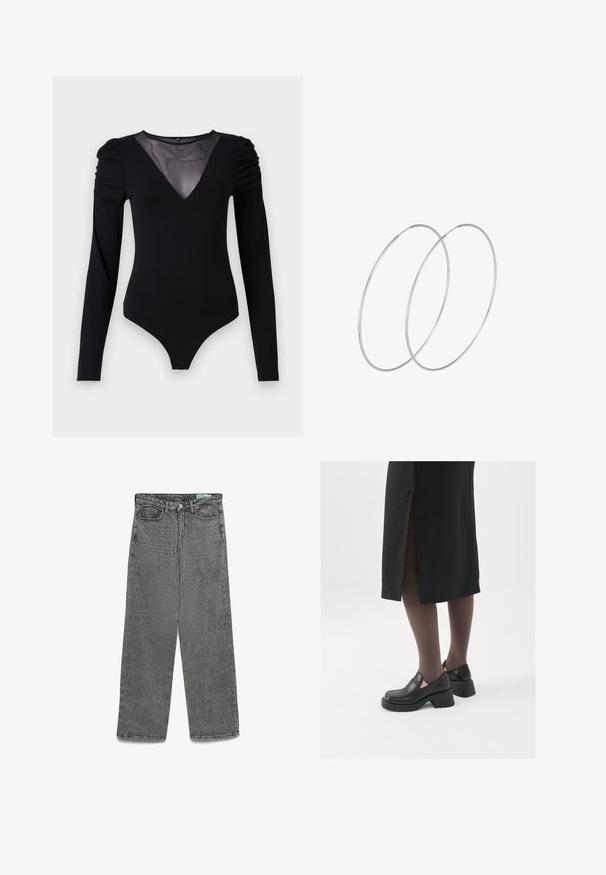 Musternahkade pikkade varrukatega must bodi, millel on läbipaistev V-kujuline kaelus ja korraldatud õlavarre detail. Sile kangas, millel on vormiv kujundus.; Kõrge vöökoht, hallid teksad, sirge jala lõikega, nööbi ja tõmbluku kinnitusega, trukkidega vöökoht ja ees ning taga taskud.; Mustad mustad jalatsid ümmarguse varbaga, paksu plokkniidi ja elastsete külgdetailidega, kombineeritud tumedate sukkade ja musta lõhikuga seelikuga.; Hõbedased rõngastikkaehingad minimalistlikus disainis. Ümar kuju, sile tekstuur ja õhuke profiil. Kerged ning poleeritud viimistlusega.