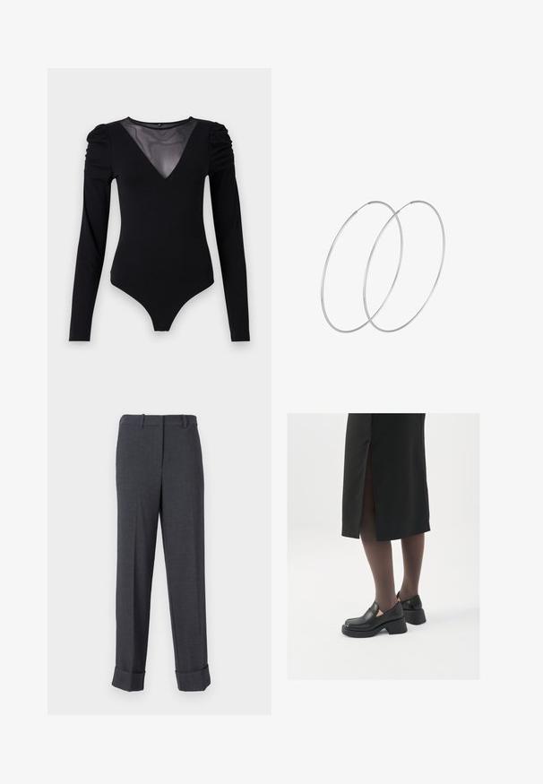 Melnā bodija ar garām piedurknēm, piedāvā ar caurspīdīgu V-veida kakla izgriezumu un savāktu plecu detaļu. Gluda auduma, ar pieguļošu formu.; Pelēki piegriezti bikses, kas izgatavotas no strukturēta auduma, ar taisnu kāju, jostu cilpiņām un biksēm ar apdari, kas nodrošina strukturētu izskatu.; Melni ādas apavi ar noapaļotu purngalu, biezām bloku papēžiem un elastīgiem sānu akcentiem, apvienoti ar tumšām zeķubiksēm un melnu svārku ar šķirbu.; Sudraba gredzenveida auskari ar minimālistisku dizainu. Cirkulāra forma, gluda tekstūra un plāns profils. Vieglu svaru ar spīdīgu apdari.