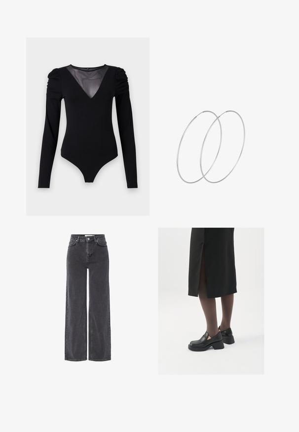 Bodysuit negro de manga larga, con un escote en V de malla y detalle fruncido en los hombros. Tejido suave con una forma ajustada.; Vaqueros de mezclilla negros de tiro alto con piernas anchas, que cuentan con un cierre de botón, trabillas para cinturón y un sutil desgaste en la tela.; Zapatos de piel negra con punta redondeada, tacón grueso y bloque, y acentos elásticos en los laterales, combinados con unos pantys oscuros y una falda negra con una abertura.; Pendientes de aro plateados con un diseño minimalista. Forma circular, textura suave y perfil delgado. Livianos con un acabado pulido.