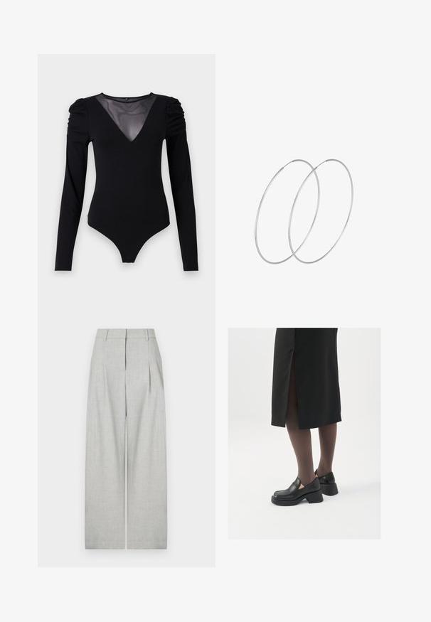 Melnā bodija ar garām piedurknēm, piedāvā ar caurspīdīgu V-veida kakla izgriezumu un savāktu plecu detaļu. Gluda auduma, ar pieguļošu formu.; Gai pelēki platās kāju bikses, kas izgatavotas no teksturēta auduma, ar priekšējiem ieplāksnēm, gludu jostasvietu un bez redzamām kabatām.; Melni ādas apavi ar noapaļotu purngalu, biezām bloku papēžiem un elastīgiem sānu akcentiem, apvienoti ar tumšām zeķubiksēm un melnu svārku ar šķirbu.; Sudraba gredzenveida auskari ar minimālistisku dizainu. Cirkulāra forma, gluda tekstūra un plāns profils. Vieglu svaru ar spīdīgu apdari.