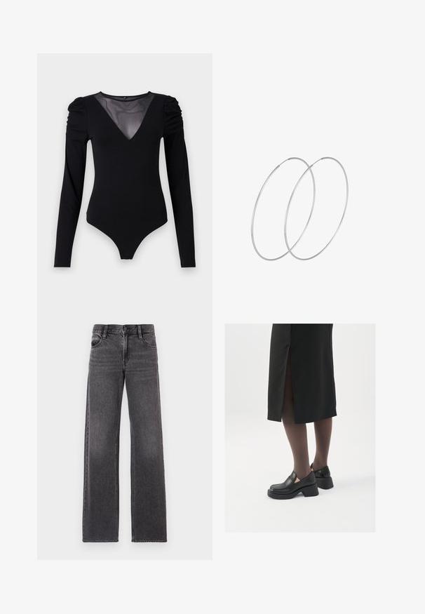 Bodysuit negro de manga larga, con un escote en V de malla y detalle fruncido en los hombros. Tejido suave con una forma ajustada.; Jeans de pierna ancha en gris oscuro, hechos de denim, con un botón en la parte delantera, dos bolsillos traseros y costuras en contraste a lo largo de las costuras.; Zapatos de piel negra con punta redondeada, tacón grueso y bloque, y acentos elásticos en los laterales, combinados con unos pantys oscuros y una falda negra con una abertura.; Pendientes de aro plateados con un diseño minimalista. Forma circular, textura suave y perfil delgado. Livianos con un acabado pulido.