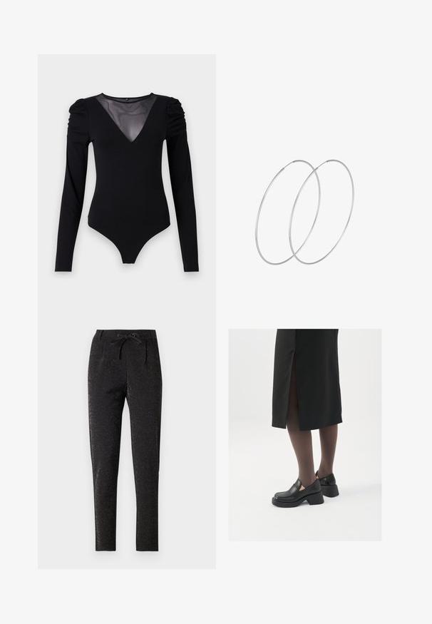 Czarny body z długimi rękawami, z siateczkowym dekoltem w kształcie litery V oraz marszczonym detalem na ramionach. Gładki materiał o dopasowanym kroju.; Czarne spodnie z subtelnym efektem brokatu, z elastycznym pasem ze sznurkiem, dopasowanym krojem i zwężającymi się nogawkami dla szczupłej sylwetki.; Czarne skórzane buty z okrągłym noskiem, grubym blokowym obcasem i elastycznymi akcentami po bokach, zestawione z ciemnymi rajstopami i czarną spódnicą z rozcięciem.; Srebrne kolczyki w formie obręczy o minimalistycznym designie. Okrągły kształt, gładka faktura i cienki profil. Lekkie, z polerowanym wykończeniem.