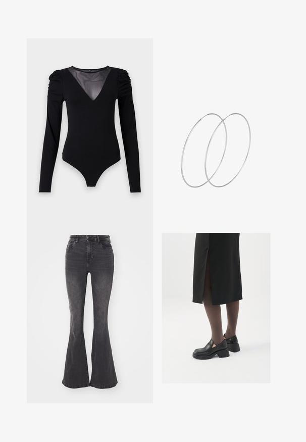 Musta body, jossa on pitkät hihat, verkko V-aukko ja rypytetty olkapäädetalji. Silkkinen kangas, joka muotoilee vartalon.; Farkut mustat leveälahkeiset, valmistettu denimistä ja keskikorkeasta vyötäröstä. Ominaisuuksiin kuuluvat kontrastitikkaukset, viisi taskua ja klassinen nappisulku.; Mustat nahkakengät pyöreällä kärjellä, paksulla lohkopohjalla ja joustavilla sivuakkesseilla, yhdistettynä tummiin sukkahousuihin ja mustaan hameeseen, jossa on halkio.; Hopehope hopeilla, joissa on minimalistinen muotoilu. Pyöreä muoto, sileä pinta ja ohut profiili. Kevyet ja kiillotetut.