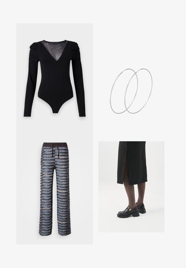 Čierny body s dlhými rukávmi, s rezom do V z priesvitnej látky a zhromaždením na pleciach. Hladká tkanina s priliehavým strihom.; Ľahké nohavice s vzorom, ktoré majú tmavý základ s striedajúcimi sa modrými a sivými motívmi listov, elastický pás a šnúrku na stiahnutie.; Čierne kožené topánky s okrúhlou špičkou, silným blokovým opätkom a elastickými bočnými akcentmi, skombinované s tmavými pančuchami a čiernou sukňou so štiepením.; Strieborné kruhové náušnice s minimalistickým dizajnom. Cirkulárny tvar, hladký povrch a tenký profil. Ľahké s lesklým povrchom.