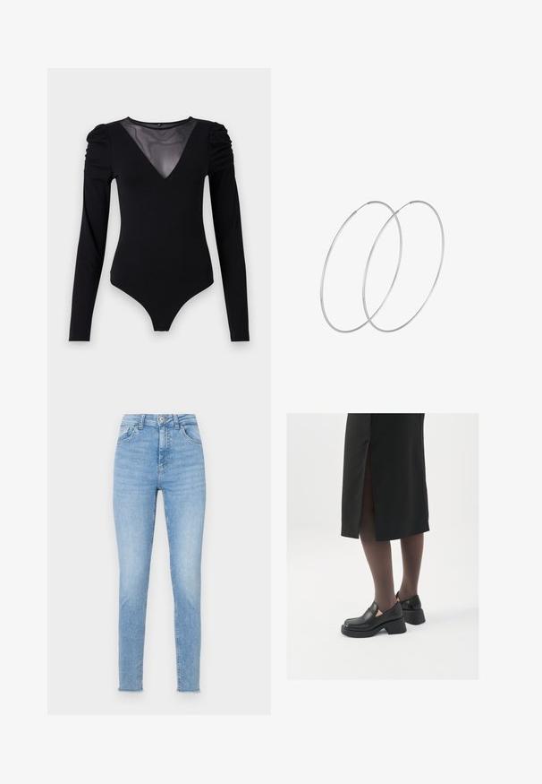 Bodysuit negro de manga larga, con un escote en V de malla y detalle fruncido en los hombros. Tejido suave con una forma ajustada.; Jeans de mezclilla de cintura alta en azul claro, con un corte slim, diseño de cinco bolsillos y dobladillo sin terminar en los tobillos.; Zapatos de piel negra con punta redondeada, tacón grueso y bloque, y acentos elásticos en los laterales, combinados con unos pantys oscuros y una falda negra con una abertura.; Pendientes de aro plateados con un diseño minimalista. Forma circular, textura suave y perfil delgado. Livianos con un acabado pulido.