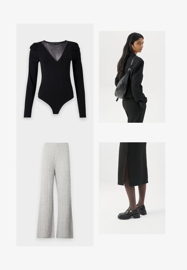Črno bodi s dolgimi rokavi, z mrežastim V-izrezom in nabranimi rameni. Gladek material z oblikovanim krojem.; Sive rebraste pletene široke hlače z teksturiranim vzorcem in elastičnim pasom, ki se ponašajo z mehkim zaključkom blaga.; Črne usnjene čevlje s zaobljenim prstom, debelim blokastim petama in elastičnimi stranskimi detajli, v kombinaciji s temno nogavicami in črno krilo z razporkom.; Ženska z dolgimi temnimi lasmi, oblečena v črn kostim, nosi črno usnjeno torbo čez ramo in se ozira čez ramo proti beli podlagi.; Srebrne uhane v obliki obroča z minimalističnim dizajnom. Krožna oblika, gladka tekstura in tanek profil. Lahki s poliranim zaključkom.