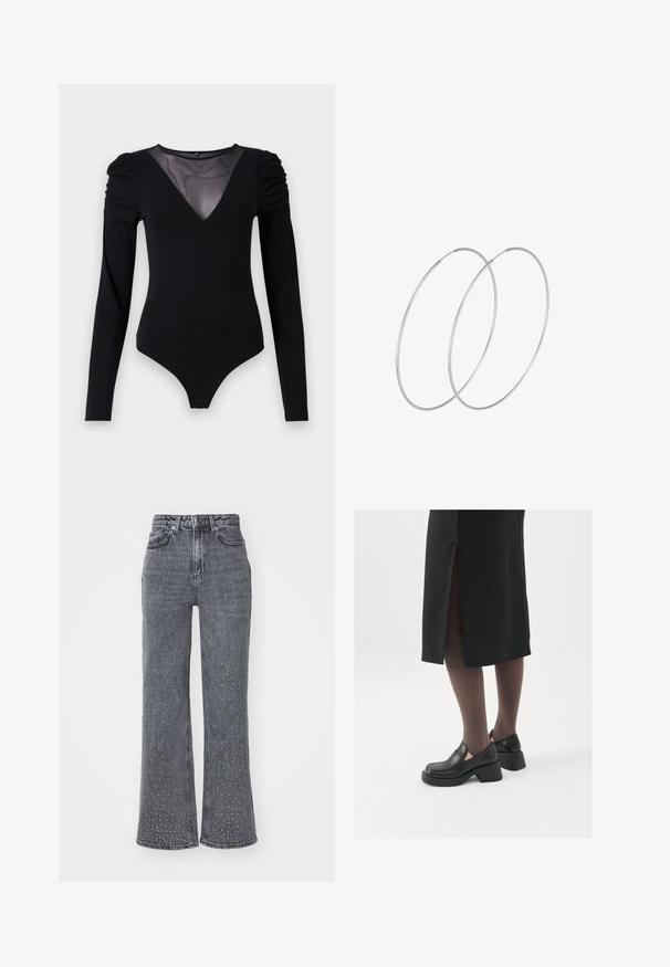 Musternahkade pikkade varrukatega must bodi, millel on läbipaistev V-kujuline kaelus ja korraldatud õlavarre detail. Sile kangas, millel on vormiv kujundus.; Hallid denimist flared teksad kõrge vöökoht, millel on delikaatne täppide muster ja viie tasku disain. Kulunud tekstuur põlve lähedal.; Mustad mustad jalatsid ümmarguse varbaga, paksu plokkniidi ja elastsete külgdetailidega, kombineeritud tumedate sukkade ja musta lõhikuga seelikuga.; Hõbedased rõngastikkaehingad minimalistlikus disainis. Ümar kuju, sile tekstuur ja õhuke profiil. Kerged ning poleeritud viimistlusega.