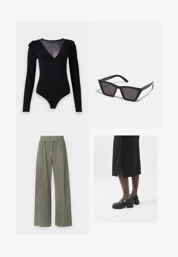 Čierny body s dlhými rukávmi, s rezom do V z priesvitnej látky a zhromaždením na pleciach. Hladká tkanina s priliehavým strihom.; Zelené plisované nohavice s širokými nohavicami a elastickým pásom, so zvislými záhybmi a jemnou textúrou. Tkanina má hladký, prúdny vzhľad.; Čierne kožené topánky s okrúhlou špičkou, silným blokovým opätkom a elastickými bočnými akcentmi, skombinované s tmavými pančuchami a čiernou sukňou so štiepením.; Čierne, ostré slnečné okuliare so sivými sklami; vyrobené z plastu, majú hrubé ramená s hladkým povrchom a bez viditeľnej mechaniky.; Strieborné kruhové náušnice s minimalistickým dizajnom. Cirkulárny tvar, hladký povrch a tenký profil. Ľahké s lesklým povrchom.