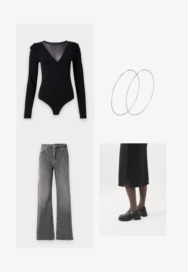 Crni bodysuit dugih rukava s mrežastim V-izrezom i naborima na ramenima. Glatka tkanina s prilagođenim oblikom.; Farmerke širokog kroja od tamnog sivog denima, sa visokim strukom, pet džepova i minimalnim izbleđivanjem. Metalna dugmad i zatvarač.; Crne kožne cipele s zaobljenim vrhom, debelim blok petama i elastičnim bočnim detaljima, uparene s tamnim čarapama i crnom suknjom s prorezom.; Srebrne okrugle naušnice s minimalističkim dizajnom. Kružni oblik, glatka tekstura i tanak profil. Lagane s poliranim završetkom.