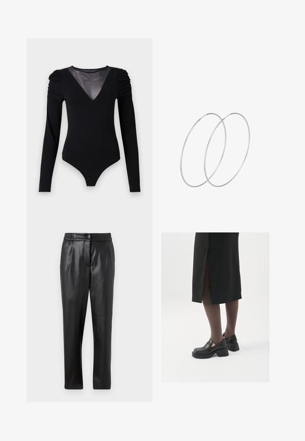 Črno bodi s dolgimi rokavi, z mrežastim V-izrezom in nabranimi rameni. Gladek material z oblikovanim krojem.; Črne usnjene hlače z gladko teksturo, ravnim krojem, elastičnim pasom in sprednjim gumbom; nagubani detajli in zoženi nogi.; Črne usnjene čevlje s zaobljenim prstom, debelim blokastim petama in elastičnimi stranskimi detajli, v kombinaciji s temno nogavicami in črno krilo z razporkom.; Srebrne uhane v obliki obroča z minimalističnim dizajnom. Krožna oblika, gladka tekstura in tanek profil. Lahki s poliranim zaključkom.