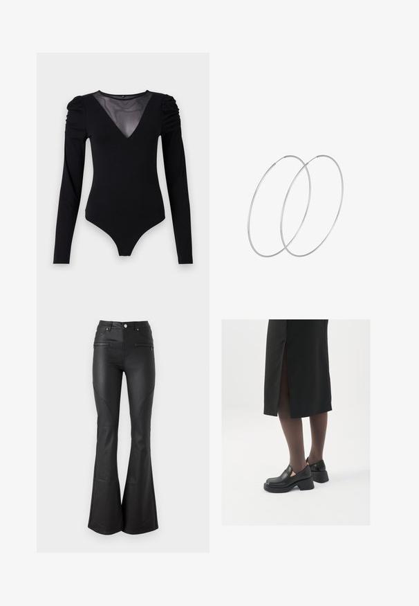 Bodysuit negro de manga larga, con un escote en V de malla y detalle fruncido en los hombros. Tejido suave con una forma ajustada.; Pantalones de campana negros hechos de un material brillante y suave; cuentan con bolsillos frontales, una cintura ajustada y costuras decorativas a lo largo de las costuras.; Zapatos de piel negra con punta redondeada, tacón grueso y bloque, y acentos elásticos en los laterales, combinados con unos pantys oscuros y una falda negra con una abertura.; Pendientes de aro plateados con un diseño minimalista. Forma circular, textura suave y perfil delgado. Livianos con un acabado pulido.