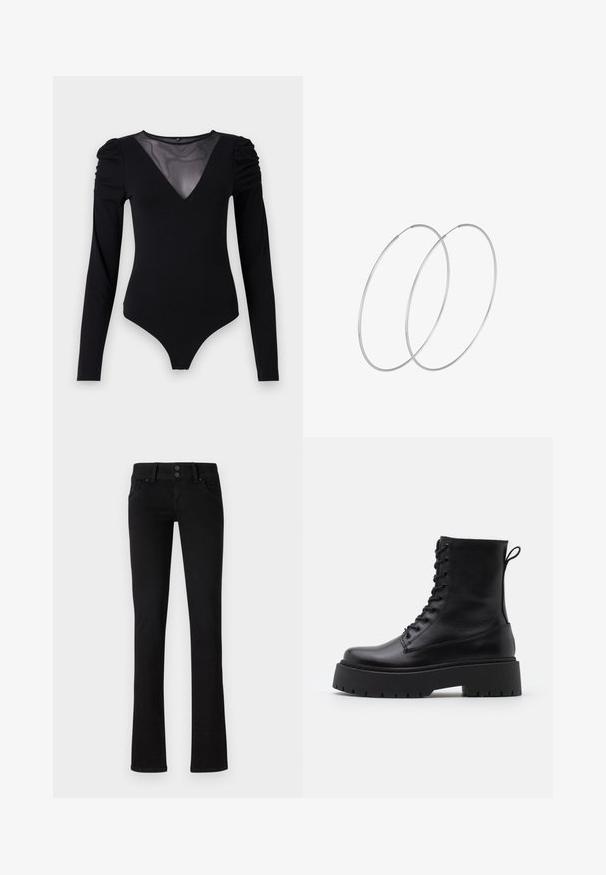 Crni bodysuit dugih rukava s mrežastim V-izrezom i naborima na ramenima. Glatka tkanina s prilagođenim oblikom.; Crne slim-fit traperice s dva prednja džepa, petljama za pojas i dvostrukim kopčanjem, prikazane na jednostavnoj bijeloj pozadini.; Crne kožne gležnjače s okruglim vrhom, vezanjem sprijeda i debelim gumenim potplatom s teksturiranim uzorkom. Tipa: traka za vuču na stražnjoj strani.; Srebrne okrugle naušnice s minimalističkim dizajnom. Kružni oblik, glatka tekstura i tanak profil. Lagane s poliranim završetkom.