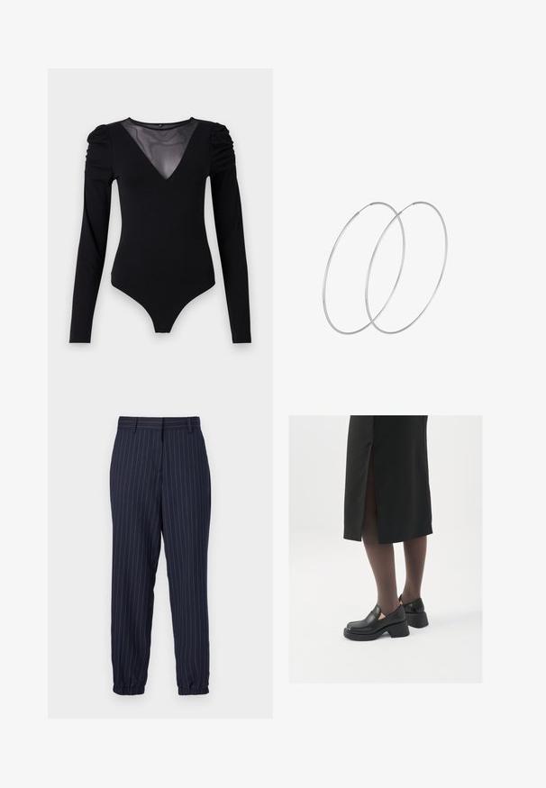 Melnā bodija ar garām piedurknēm, piedāvā ar caurspīdīgu V-veida kakla izgriezumu un savāktu plecu detaļu. Gluda auduma, ar pieguļošu formu.; Jūras spēku svītrainās bikses ar elastīgām piedurknēm, pielāgota dizaina, ar priekšējām krokām un sānu kabatām, izgatavotas no viegla auduma.; Melni ādas apavi ar noapaļotu purngalu, biezām bloku papēžiem un elastīgiem sānu akcentiem, apvienoti ar tumšām zeķubiksēm un melnu svārku ar šķirbu.; Sudraba gredzenveida auskari ar minimālistisku dizainu. Cirkulāra forma, gluda tekstūra un plāns profils. Vieglu svaru ar spīdīgu apdari.