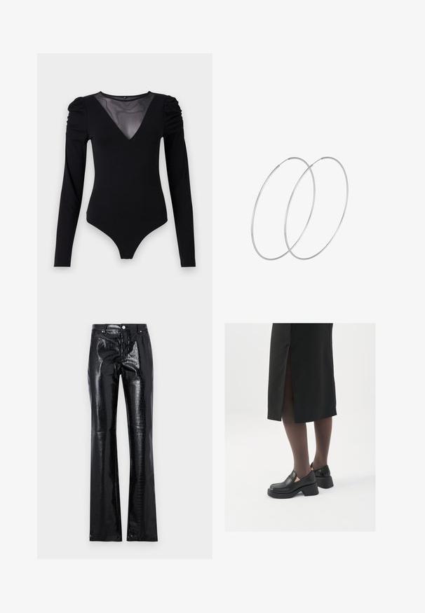 Čierny body s dlhými rukávmi, s rezom do V z priesvitnej látky a zhromaždením na pleciach. Hladká tkanina s priliehavým strihom.; Čierne, vysoko pásové nohavice vyrobené z lesklého syntetického kože, s hadím vzorom, slim fit a rozšíreným strihom nohavíc.; Čierne kožené topánky s okrúhlou špičkou, silným blokovým opätkom a elastickými bočnými akcentmi, skombinované s tmavými pančuchami a čiernou sukňou so štiepením.; Strieborné kruhové náušnice s minimalistickým dizajnom. Cirkulárny tvar, hladký povrch a tenký profil. Ľahké s lesklým povrchom.