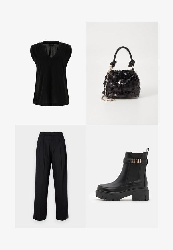 Svart ärmlös topp med V-ringning, tillverkad av ett slätt tyg. Har plisserade axeldetaljer och en avslappnad passform, med en rak nederkant.; Svarta byxor med skräddarsydd design, med hög midja, veck och rak benvidd. Tillverkade av ett lent tyg med en enfärgad nyans.; Svarta läderchelsea-boots med tjock sula, elastiska sidopaneler och ett guld "GUESS" accentband runt vristen.; Svart paljett mini-handväska med en knuten texturerad rem och silverkedja. Rund form med samlad topp och reflekterande detaljer.