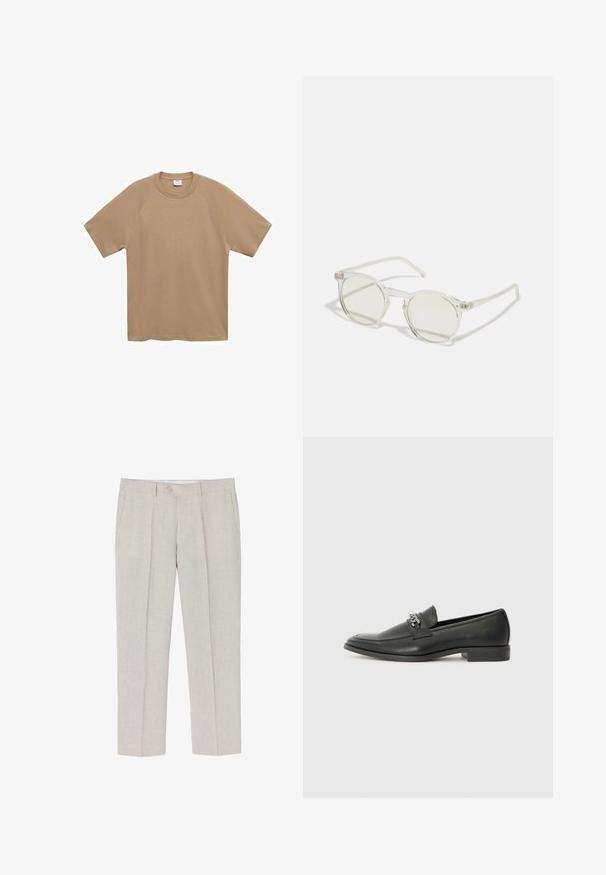 Mango Základné tričko - beige; Svetlo béžové ľanové nohavice s rovnými nohavicami, jemnou textúrou, dvoma prednými vreckami a jedným gombíkom na zapínanie v páse.; Čierne kožené loafers s hladkým povrchom, s prešitým dizajnom a dekoratívnym kovovým reťazovým akcentom cez priehlavok. Plochý podpätok.; Kruhové slnečné okuliare s priehľadným rámom, svetlozelenými sklami a tenkými, priehľadnými stranami. Rám obsahuje jemné kovové akcenty.; Biely perlový náhrdelník s rovnomerným guľatým tvarom, hladkým povrchom a kovovým zapínaním s predlžovacím reťazcom na nastaviteľnú dĺžku.