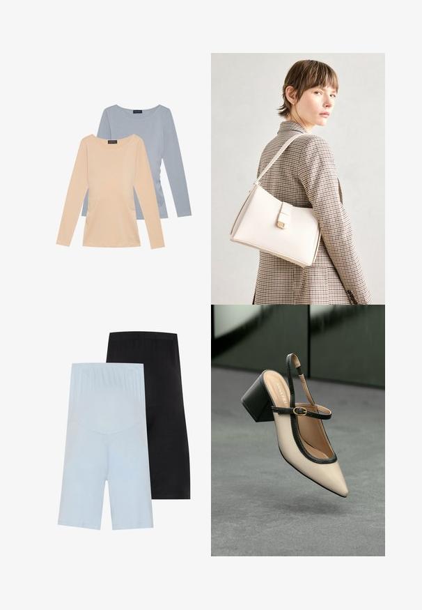 Set of two long-sleeve tops. One in soft peach, the other in light blue. Both feature a smooth texture and scoop neck design.; Two pairs of shorts: one light blue and one black. Both have a smooth texture, elastic waistband, and knee-length design.; Beige high-heeled slingback shoe with pointed toe, black trim, and buckle detail. Smooth material with a matte finish, medium block heel.; White leather handbag with a structured design, featuring a magnetic clasp and a shoulder strap, showcased against a neutral background.