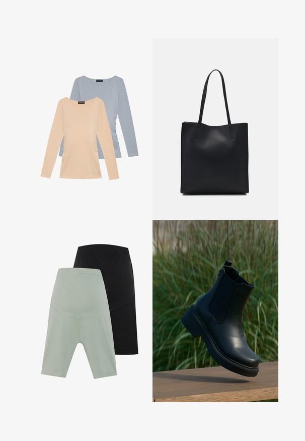 Divas divu garo piedurknu T-kreklu komplekts. Viens mīkstā persiku krāsā, otrs gaiši zils. Abiem ir gluda tekstūra un apaļa kakla izgriezums.; Divas pāri vidēja garuma šortu: viens gaiši zaļš un otrs melns, abi izgatavoti no mīksta auduma ar elastīgu vidukli.; Melnās ādas potītes zābaki ar elastīgām sānu daļām, noapaļota pirksta forma un bieza platformas zole, izvietoti uz koka virsmas.; Melnas ādas somiņa ar gludu tekstūru, taisnstūra formu un divām garām rokturiem. Nav redzamu aparatūras vai rotājumu.