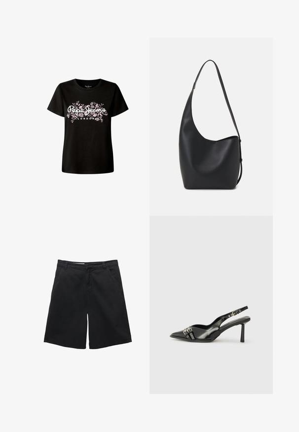 Schwarzes Baumwoll-T-Shirt mit floralem Design und weißem "Pepe Jeans London"-Text. Kurze Ärmel und lockere Passform.; Schwarze Shorts aus Baumwolle, gerade geschnitten, mit zwei vorderen Taschen und glatter Textur. Keine sichtbaren Muster oder Akzente.; Schwarzer Lackleder Slingback-Schuh mit spitzem Zehenbereich, Knöchelriemen mit silbernen Schnallen und Beschlägen sowie einem schlanken Absatz.; Schwarze Leder-Hobo-Tasche mit einer glatten Textur, geschwungener Form und einem einzelnen verstellbaren Tragegurt; verfügt über eine weite Öffnung am oberen Ende.