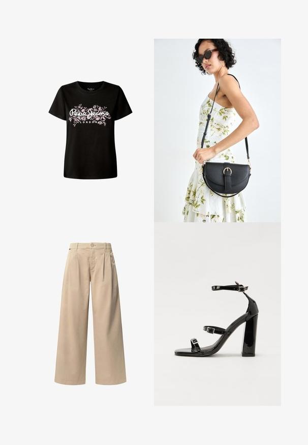 Svart bomulls t-shirt med blommönster och vit "Pepe Jeans London" text. Korta ärmar och en avslappnad passform.; Beiga byxor med vida ben som har två framtill placerade veck, en knappstängning och en slät yta. Designade för komfort och en lös passform.; Svarta lackerade klacksandaler med fyrkantig tå, ankelremmar och silverfärgade spännen. Har en kraftig blockklack för stabilitet.; Svart läderhandväska med en böjd form, avtagbar rem och guldiga detaljer. Väskan har ett lock med en spänndetalj.