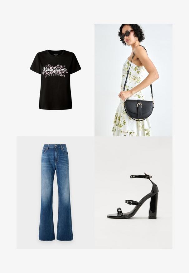 Svart bomulls t-shirt med blommönster och vit "Pepe Jeans London" text. Korta ärmar och en avslappnad passform.; Uppvuxna blå denimjeans med en urtvättad yta, femfickdesign, bälteshällor och knäppning fram. Slät textur och klassisk snitt.; Svarta lackerade högklackade sandaler med två spännband, fyrkantig tå och en tjock klack, med en slät och glansig yta.; Svart läderhandväska med en böjd form, avtagbar rem och guldiga detaljer. Väskan har ett lock med en spänndetalj.