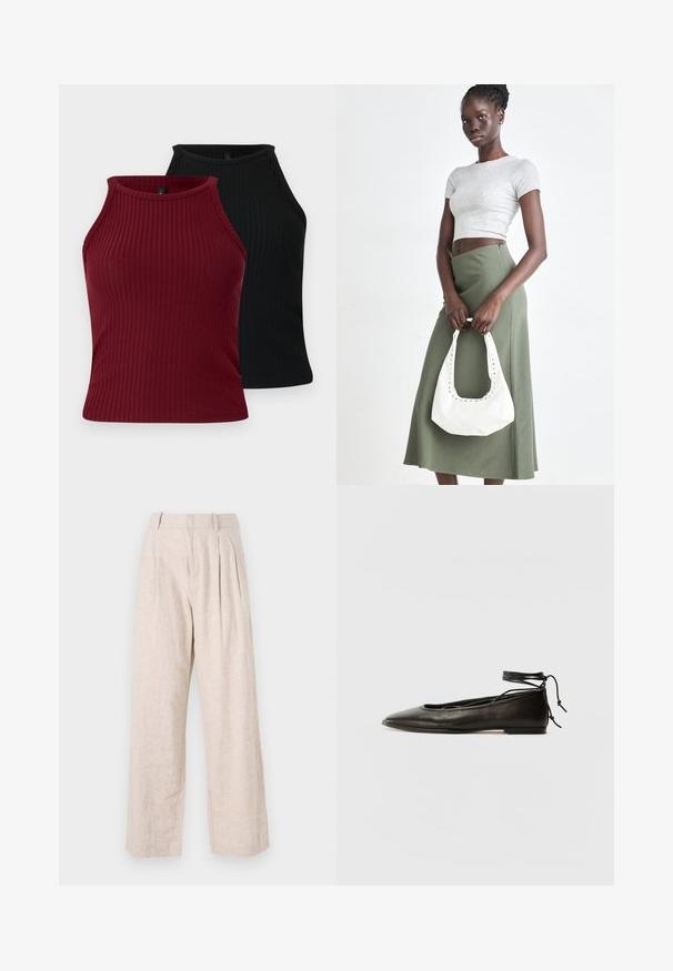 Dve rebraste majice brez rokavov: ena v burgundski in ena črna. Obe imata visok ovratnik, prilegajočo se obliko in gladko teksturo.; Svetlo bež lanene hlače z ohlapnim krojem, ki imajo sprednje gube in ravno nogavico. Minimalističen slog in teksturiran material.; Črne usnjene baletne čevlje s koničastim nosom, vezi okrog gležnja in ravnim podplatom, ki se ponašajo z gladko teksturo in minimalističnim dizajnom.; Sivina rebrasta kratka majica in olivno zelena krila z visokim pasom. Model drži belo torbico za na rame s izrezljanjem. Preprost dizajn, oprijet silhueta.