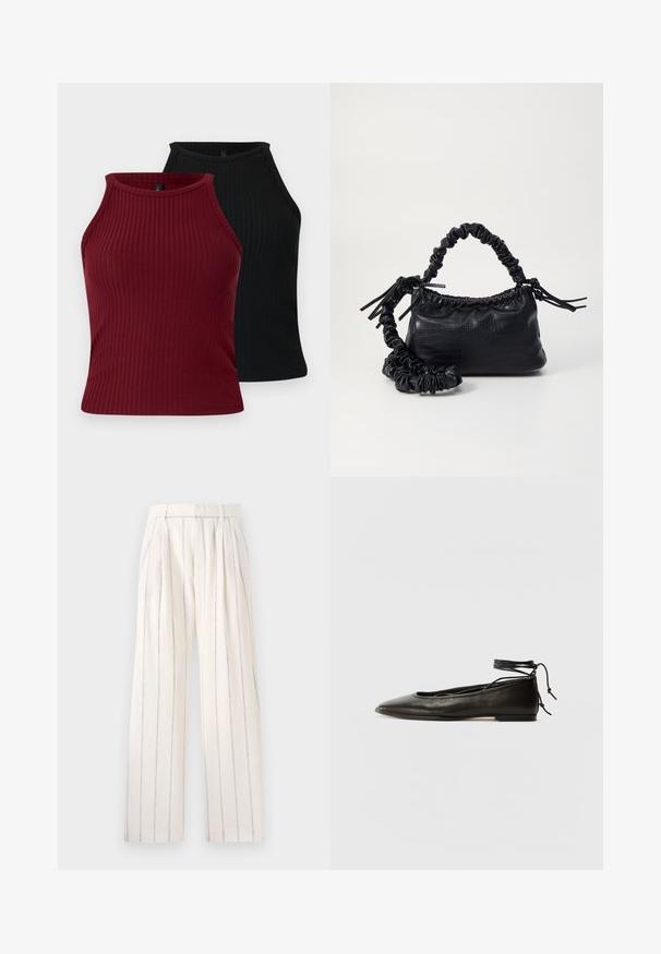 Divas divi T-krekli: viens bordo un viens melns. Abi ir ar augstu kakla izgriezumu, pieguļošu formu un gludu tekstūru.; Garošas plaša stila bikses no off-white auduma ar šaurām vertikālām pelēkām svītrām. Tām ir pieguļošs jostasvieta un brīva piegriezuma kājas.; Melnas ādas baleta kurpes ar smailu purngalu, potītes saitēm un plakanu zoli, kas izceļas ar gludu tekstūru un minimālistisku dizainu.; Melnā mākslīgās ādas rokassoma ar krokodila rakstu, savilkta augšdaļa un saburzīta siksna. Izskatās mīksta un kompakta pēc dizaina.