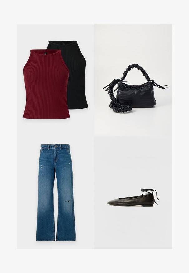 Du harmoningi marškiniai: vieni bordo, kiti juodi. Abu turi aukštą kaklą, prigludusią formą ir lygų paviršių.; Mėlyni džinsai su plačiomis kojomis, turintys nusidėvėjusį tekstūrą, su dviem suplėšytais plotais priekyje, mygtuko uždarymu ir penkių kišenių dizainu.; Juodi odiniai balerinų bateliai su smailiu pirštu, kulkšnies raiščiu ir plokščiu padu, pasižymintys lygiu paviršiumi ir minimalizmo dizainu.; Juodas dirbtinės odos rankinė su krokodilo tekstūra, sušnibždinta viršuje ir susikraipytu dirželiu. Atrodo minkšta ir kompaktiška.