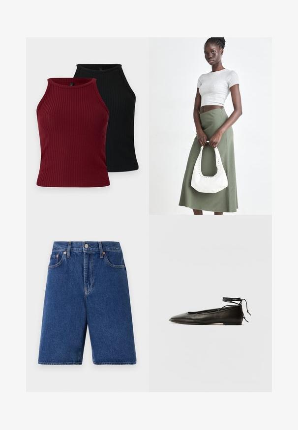 Dva rebrované tielka: jedno burgundské a jedno čierne. Obe majú vysoký výstrih s priliehavým strihom a hladkou textúrou.; Džínové šortky v tmavomodrej farbe s klasickým strihom, piatimi vreckami a oranžovým prešitím. Dokončené predným gombíkom a zipsom.; Čierne kožené baletky s špicatou špičkou, viazaním okolo členka a plochou podrážkou, s hladkou textúrou a minimalistickým dizajnom.; Sivý pruhovaný crop top a olivovo zelená sukňa s vysokým pásom. Model drží bielu ramennú tašku s vyrezávanými detailmi. Jednoduchý dizajn, priliehavý strih.