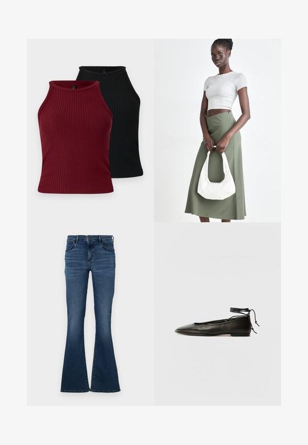 Twee geribde tanktops: één bordeauxrood en één zwart. Beide hebben een hoge halslijn met een aansluitende pasvorm en een gladde textuur.; Donkerblauwe flare jeans met een vijf-pocket ontwerp, denim materiaal, een tailleband met een knoopsluiting en subtiele vervaging aan de voorkant.; Zwarte leren balletschoenen met een spitse neus, enkelbandje en platte zool, voorzien van een gladde textuur en minimalistisch ontwerp.; Grijs geribbelde crop top en olijfgroene hoge taille rok. Model houdt een witte schoudertas met uitsparingen vast. Eenvoudig ontwerp, aansluitende silhouet.