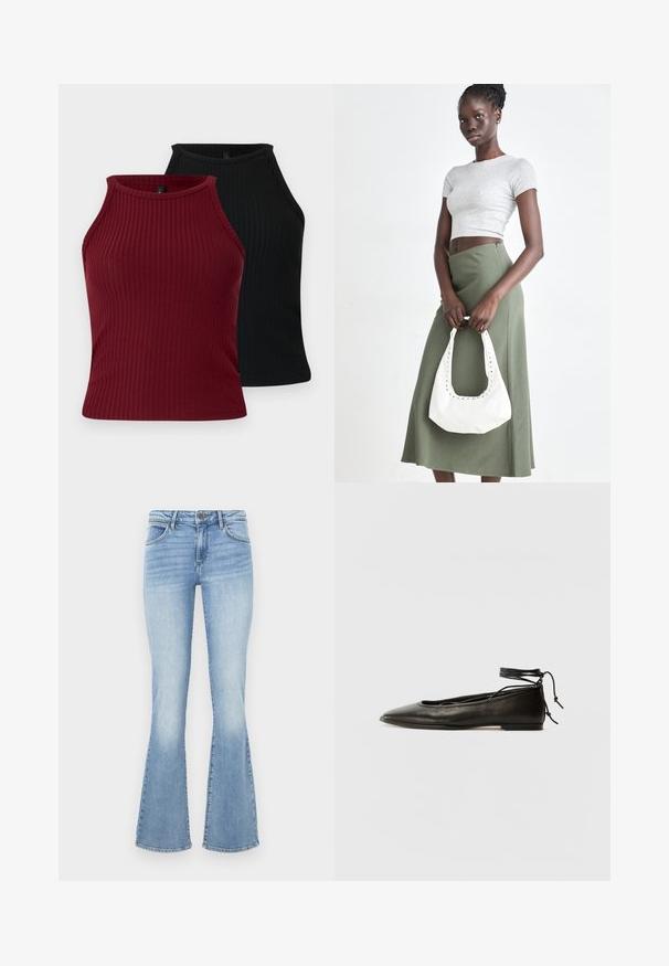 Deux débardeurs côtelés : un bordeaux et un noir. Tous deux présentent un col montant, une coupe ajustée et une texture lisse.; Jeans évasés bleu clair en denim. Comprend un design traditionnel à cinq poches et une fermeture éclair avec bouton. Effet décoloré sur les cuisses.; Ballerines noires en cuir avec un bout pointu, une attache à la cheville et une semelle plate, caractérisées par une texture lisse et un design minimaliste.; Top court rayé gris et jupe taille haute verte olive. Le mannequin tient un sac à bandoulière blanc avec des découpes. Design simple, silhouette ajustée.