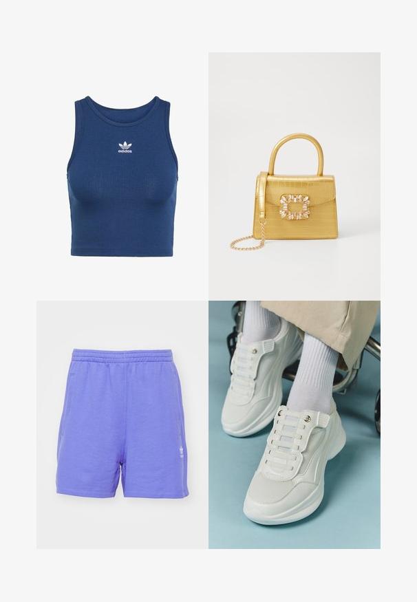 Blå ribbet crop top lavet af strækstof, med en rund halsudskæring og et lille hvidt Adidas-logo på brystet.; adidas Originals ESSENTIALS - Træningsbukser - semi blue; Hvide sneakers med mesh-materiale, gummisål, snørebåndsfri design med elastiske bånd og guldtonede accenter.; Gul faux-krokodille skuldertaske med struktureret design, top-håndtag, aftagelig kædetraske og dekorativ krystaldekoration på låsen.