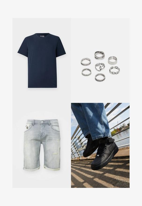 Mörkblå bomulls T-shirt med rund halsringning och korta ärmar. Har en enkel design utan mönster eller dekorationer.; Ljusblå denimshorts med ett urtvättat utseende, uppvikta muddar, fickor fram och slitna detaljer på låret. Knäppning i midjan.; Svarta Nike Air Force 1-sneakers med läderöverdel, mesh-tunga och gummisula, med en hög design och tjocka snören.; Set med sju silverringar med olika mönster, inklusive vridna, länkade och graverade mönster. Olika former och bredder.