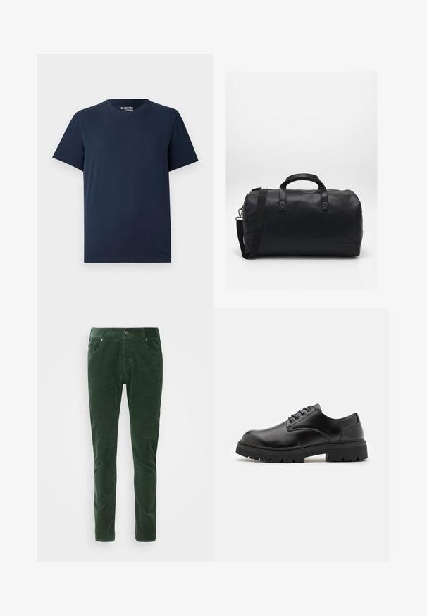 Jūras zila kokvilnas T-kreklu ar apaļu kakla izgriezumu un īsām piedurknēm. Iezīmē vienkāršu dizainu bez rakstiem vai rotājumiem.; Zaļie korduroja bikses ar taisnu piegriezumu. Iekļauj piecas kabatas, metāla pogas aizdari un ribotu tekstūru. Mazgājamas veļas mašīnā.; Melnas ādas kurpes ar noapaļotu purngalu, mezglu dizainu un biezu, strukturētu gumijas zoli. Satur šuvju detaļas gar malu un gludu apdari.; Melna sporta soma, izgatavota no teksturēta sintētiska materiāla. Iekļauj divas rokturus un regulējamu plecu siksnu. Vienkāršs dizains bez redzamām rakstu zīmēm.