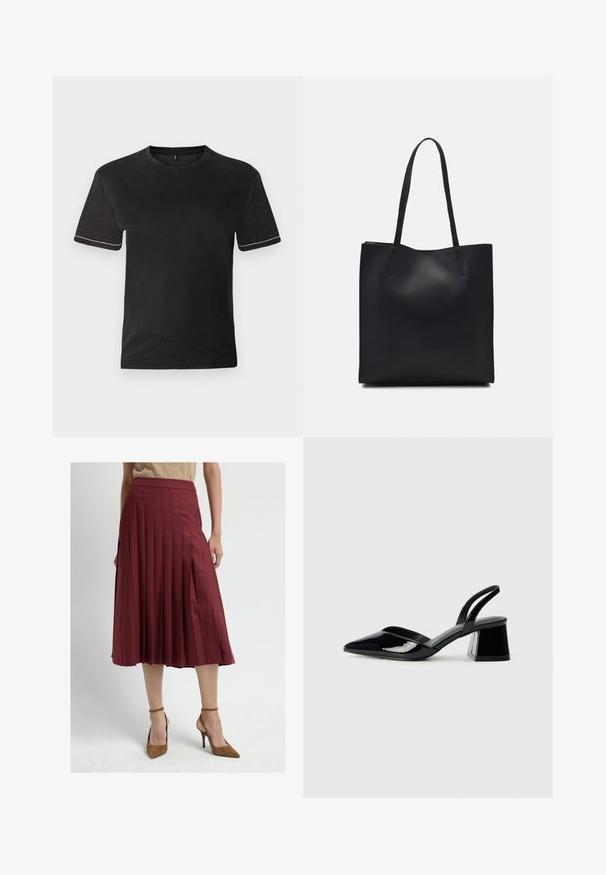 Schwarzes Baumwoll-T-Shirt mit kurzen Ärmeln, Rundhalsausschnitt und kontrastierenden weißen Nähten an den Ärmelsäumen. Glatte Textur, lockere Passform.; Bordeauxfarbene, plissierte Midiskirt mit hoher Taille, der eine glatte Textur und eine fließende Form hat, kombiniert mit braunen High Heels.; Schwarze Lackleder-Slingback-High Heels mit spitzem Schuh und einem geometrischen Blockabsatz. Verfügt über ein schlankes, minimalistisches Design und eine glatte Textur.; Schwarze Laptoptasche aus Leder mit glatter Textur, rechteckiger Form und zwei langen Griffen. Keine sichtbaren Beschläge oder Verzierungen.