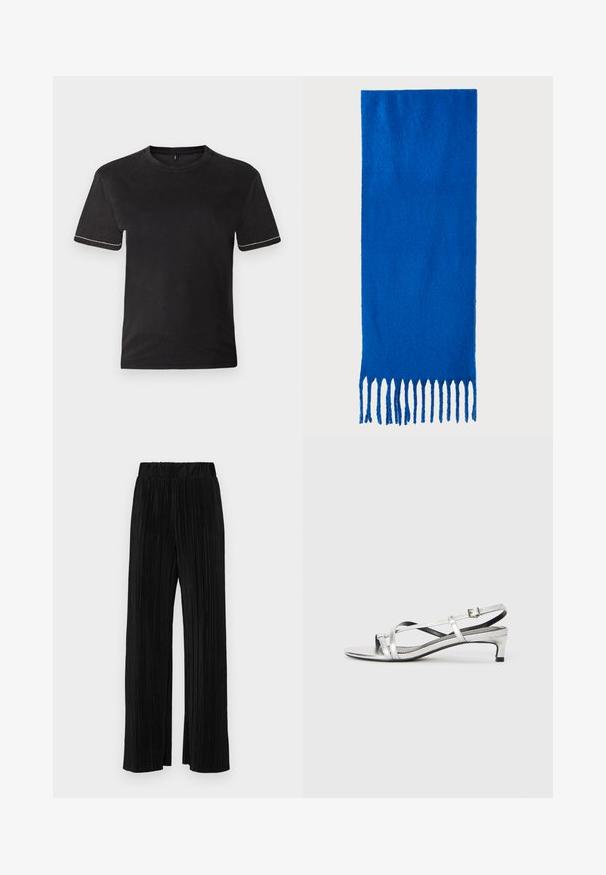 Fekete pamut póló rövid ujjakkal, kerek nyakkivágással és kontrasztos fehér szemközti varrással az ujjak végén. Sima textúra, laza szabás.; Fekete pliszírozott nadrág gumis derekkal. Széles lábakkal rendelkezik, sima, texturált anyagból készült, függőleges csíkokkal.; Ezüst színű fémes slingback szandál alacsony sarokkal, keresztezett pántokkal és sima felülettel. Minimalista dizájn.; Kék, rojtos sál puha anyagból; egyszínű, texturált felülettel rendelkezik, az alján pedig egyenletesen vágott rojttal van ellátva.; Fekete bőrtáska sima felszínnel, téglalap alakú, két hosszú füllel. Nincs látható fémkiegészítő vagy díszítés.