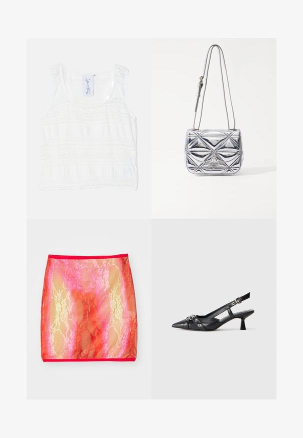 Top alb fără mâneci, dintr-un material texturat, cu modele de dungi orizontale. Bretele ajustabile și un decolteu rotund cu cusături detaliate.; Fustă mini din dantelă transparentă, cu un gradient de rozuri și roșu, având un model floral, completată cu un brâu solid roșu.; Pantofii slingback din piele neagră, cu vârful ascuțit, curele decorative cu ochiuri din metal și toc bloc mic. Suprafață texturată.; Geantă metalică de umăr, argintie, cu un design geometric matlasat, clapetă plată și curea reglabilă cu accente de hardware argintie.