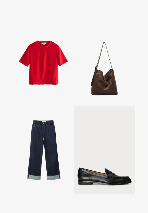 Rdeča kratka majica s kratkimi rokavi, izdelana iz mehke bombažne tkanine; ima okrogel izrez z kontrastnim oranžnim robom in ravno kroj.; Temno modri široki jeans z visokim pasom, s zavitimi manšetami, kontrastnim šivanjem in dizajnom s petimi žepi. Narejeni iz jeansa.; Lauren Ralph Lauren WYNNIE - Čevlji brez vezalk - black; Rjava semišasta hobo torba s ukrivljenim vrhom, dolgim trakcem z dot akcenti in mehko teksturo. Ima sproščen videz za vsakdanje uporabo.