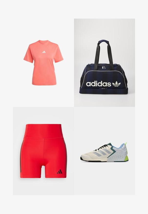 Koraļļu īsās piedurknes T-krekls, kas izgatavots no mīkstas auduma ar augstu apkakli, ar baltu Adidas logotipu uz krūtīm.; Sarkani sporta šorti ar augstu jostu, izgatavoti no elastīga materiāla, ar melnām sānu svītrām un reljefotu logo apakšējā stūrī.; Vieglie sporta apavi ar krēmkrāsas sietu augšdaļu, pelēkām svītrām, zaļu akcentu un teksturētu zilu papēdi. Melni šņorēšanas stieple.; Jūras tumši zils sporta soma ar baltu Adidas logo, kas aprīkota ar rāvējslēdzēja augšdaļu, divām izturīgām melnām rokām un sānu acs kabatām. Gluda auduma faktūra.