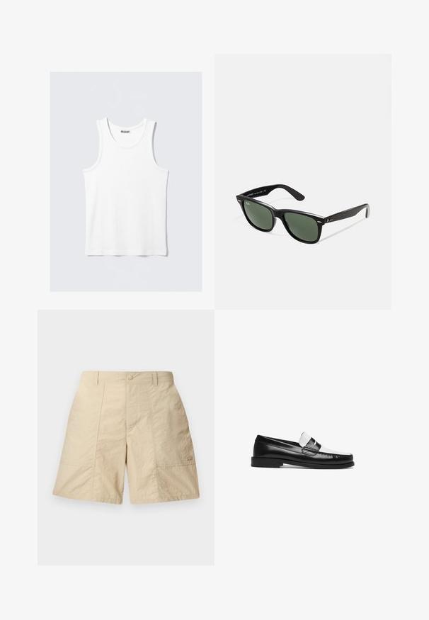 Balta maža su apvaliu iškirpimu ir plačiomis petnešėlėmis. Pagaminta iš lygaus, lengvo audinio, pasižyminti minimalistiniu dizainu be raštų.; Šviesiai rudos šortai su tekstūruotu paviršiumi, turintys priekinį mygtuko uždarymą, dvi šonines kišenes ir mažą logotipą apatinėje dešinėje pusėje.; Juodos ir baltos odinės loafer tipo bateliai su blizgiu paviršiumi, plokščiu padu, siuvinėtais akcentais ir dekoratyvia juosta per viršų.; Juodi plastikiniai saulės akiniai su žaliais objektyvais, kvadratiniais rėmeliais, sidabriniu akcentu ant antakio ir tekstūruotais šventyklų šakutėmis. Vidinėje šakutėje nurodyta prekės ženklo pavadinimas.