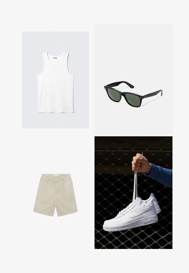 Bílý top bez rukávů s kulatým výstřihem a širokými ramínky. Vyroben z hladké, lehké látky, s minimalistickým designem bez vzorů.; Béžové kalhoty na míru s plochým předním dílem, dvěma bočními kapsami a jedním zapínáním na knoflík. Vyrobeno z lehkého, hladkého materiálu.; Bílé kožené tenisky s perforacemi, kulatou špičkou, plochou podrážkou a silnými tkaničkami, které mají viditelné logo swoosh a nápis "AIR" na patě.; Černé plastové sluneční brýle se zelenými skly, čtvercové obroučky, stříbrný detail na obočí a texturované stranice. Značka uvedená na vnitřní straně stranic.; Černá taška přes rameno s dvěma dlouhými uchy, vyrobená z hladké látky. Má přední kapsu a minimalistický design. Žádné viditelné kovové prvky ani vzory.