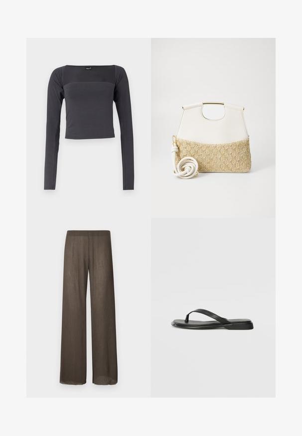 Langärmliges, kurzes Oberteil aus dunkelgrauem Stoff mit glatter Textur. Es hat einen quadratischen Ausschnitt und eine eng anliegende Passform.; Weite Hose aus einem dunklen Braun, leichtem, strukturiertem Stoff mit weichem Fall. Minimalistisches Design und rohe Saumdetails.; Schwarze Flip-Flops aus glattem Leder, mit einem dünnen Riemendesign und einer flachen Sohle mit minimalem Profil. Keine bemerkenswerten Muster oder Akzente.; Weiße Lederhandtasche mit einem strukturierten cremefarbenen gewebten Stoffboden. Verfügt über einen goldfarbenen Griff und einen gewickelten weißen Trageriemen für Vielseitigkeit.