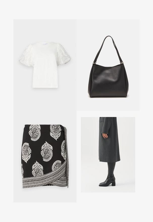 Bela majica s kratkimi, napihnjenimi rokavi iz prosojnega materiala, okrašena z cvetličnim izvezenjem. Okrni izrez, sproščen kroj, gladka struktura.; Črna zavita krila s pokrovnimi belimi paisley vzorci in podrobnim obrobjem. Narejena iz lahkega blaga z gladko teksturo.; Siv prešita zimska plašča ravnega kroja; obuta z visokimi črnimi usnjenimi škornji, ki imajo kvadratni nos in debel pet.; Črna sintetična usnjena torbica z mehko teksturo, hobo oblika in dvojni naramnici; ima sijajni zaključek in minimalističen dizajn.