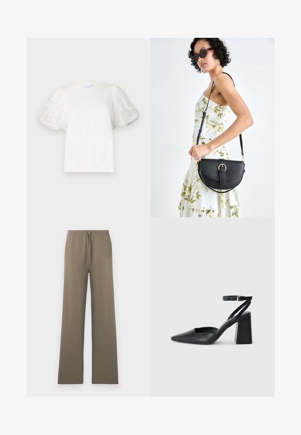 White t-shirt with short, puffed sleeves made of sheer fabric featuring floral embroidery. Crew neckline, relaxed fit, smooth texture.; Olive green, wide-leg pants made of soft fabric, featuring an elastic waistband with a drawstring and no visible pockets.; Black leather pointy-toe pump with an ankle strap and a chunky heel. Flat texture, sleek design, and minimalistic aesthetics.; Black leather handbag with a curved shape, detachable strap, and gold hardware. The bag features a flap with a buckle detail.